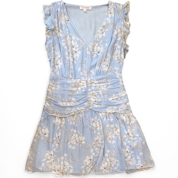 Intermix Silk Light Blue Floral Dress Ruched Waist Ruffle Sleeves size 6 - Picture 1 of 8